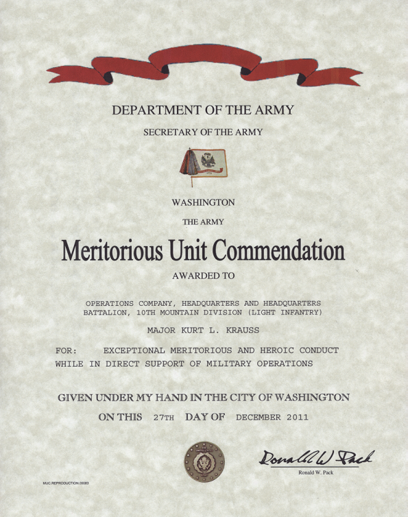 Army Meritorious Unit Commendation Certificate