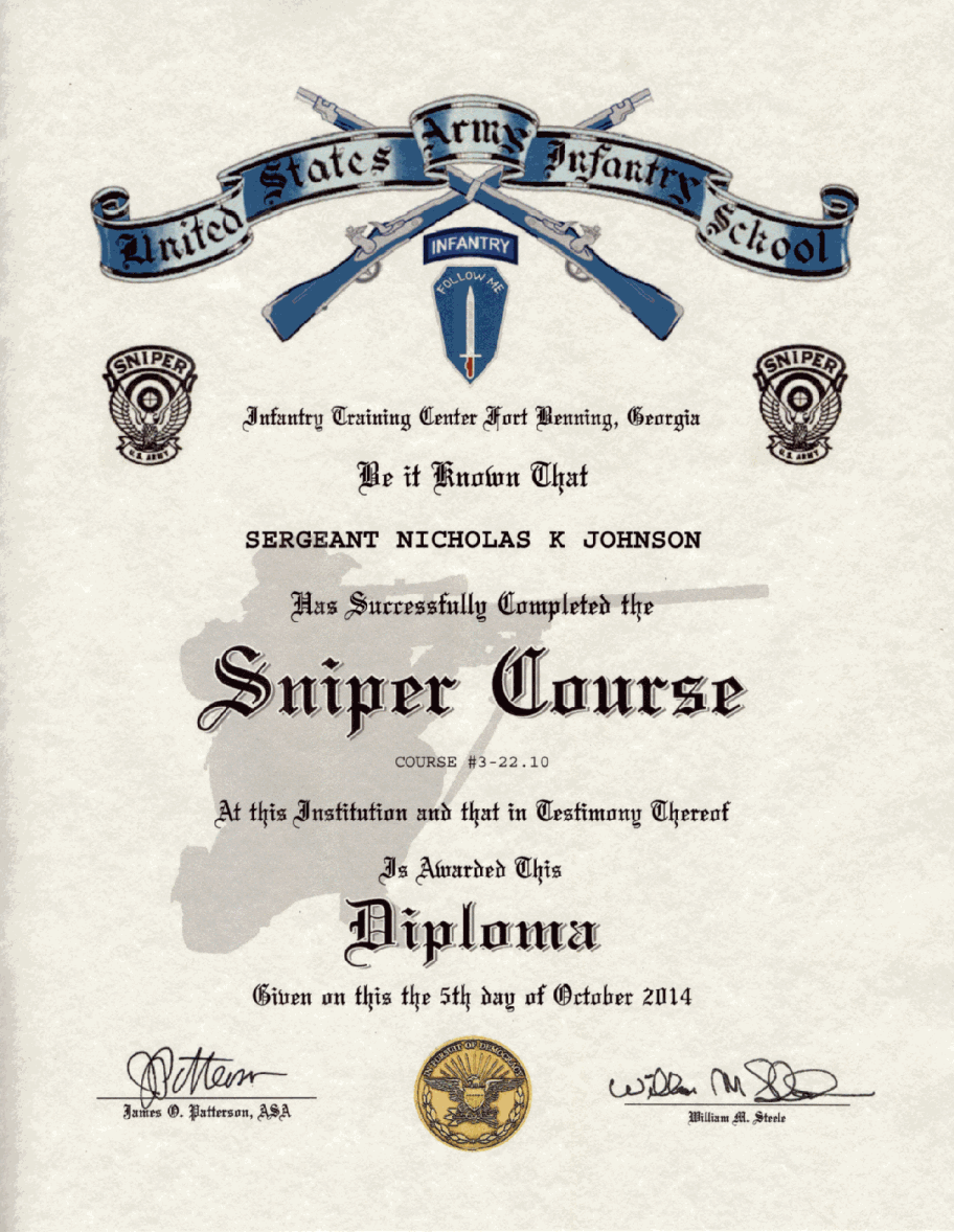 C22 US Army Special Operations Command Sniper Course completion certificate