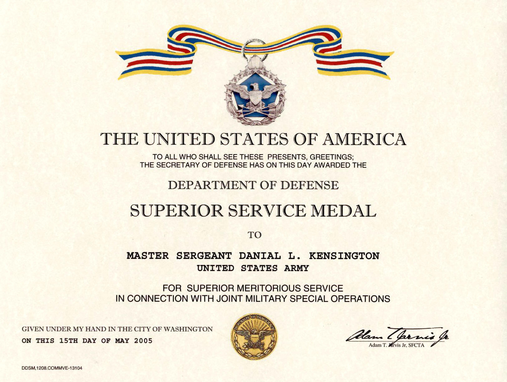 Defense Superior Service Medal Certificate