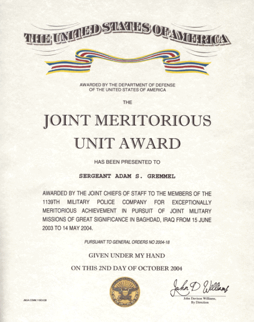 Army Meritorious Unit Commendation Certificate