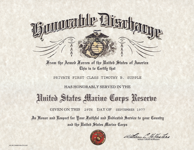 United States Marine Corps and Reserves Honorable Discharge Lam Card 