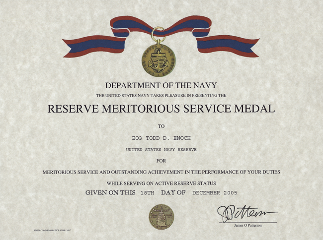 Navy Reserve Reserve Medal Certificate